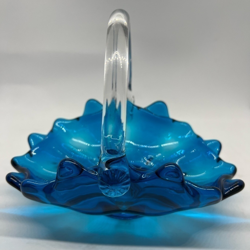 Vintage MCM Viking Blue Glass Basket with Clear handle